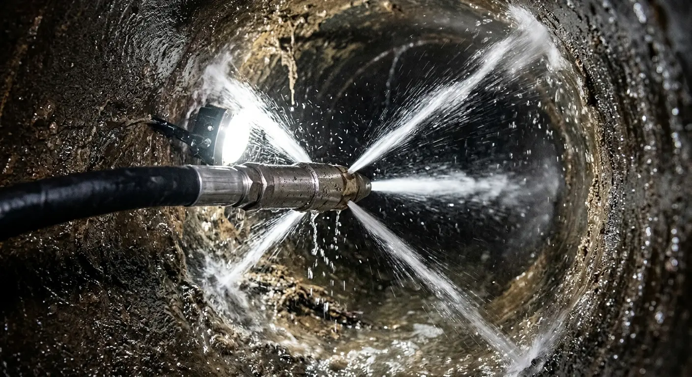 High-pressure hydro jetting nozzle cleaning sewer pipe for Sewer Cleanout in Cedar Lake