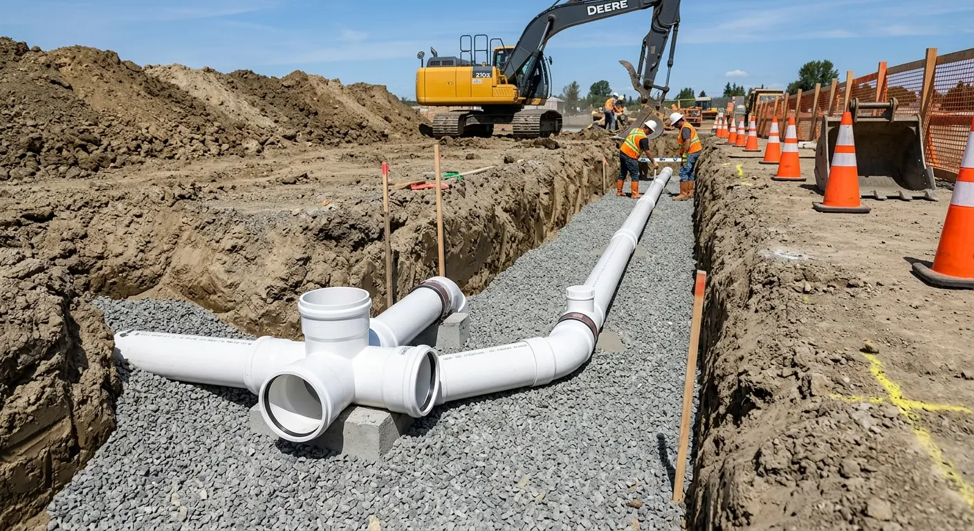 New PVC sewer pipe installation in open trench for Sewer Backup in Cedar Lake